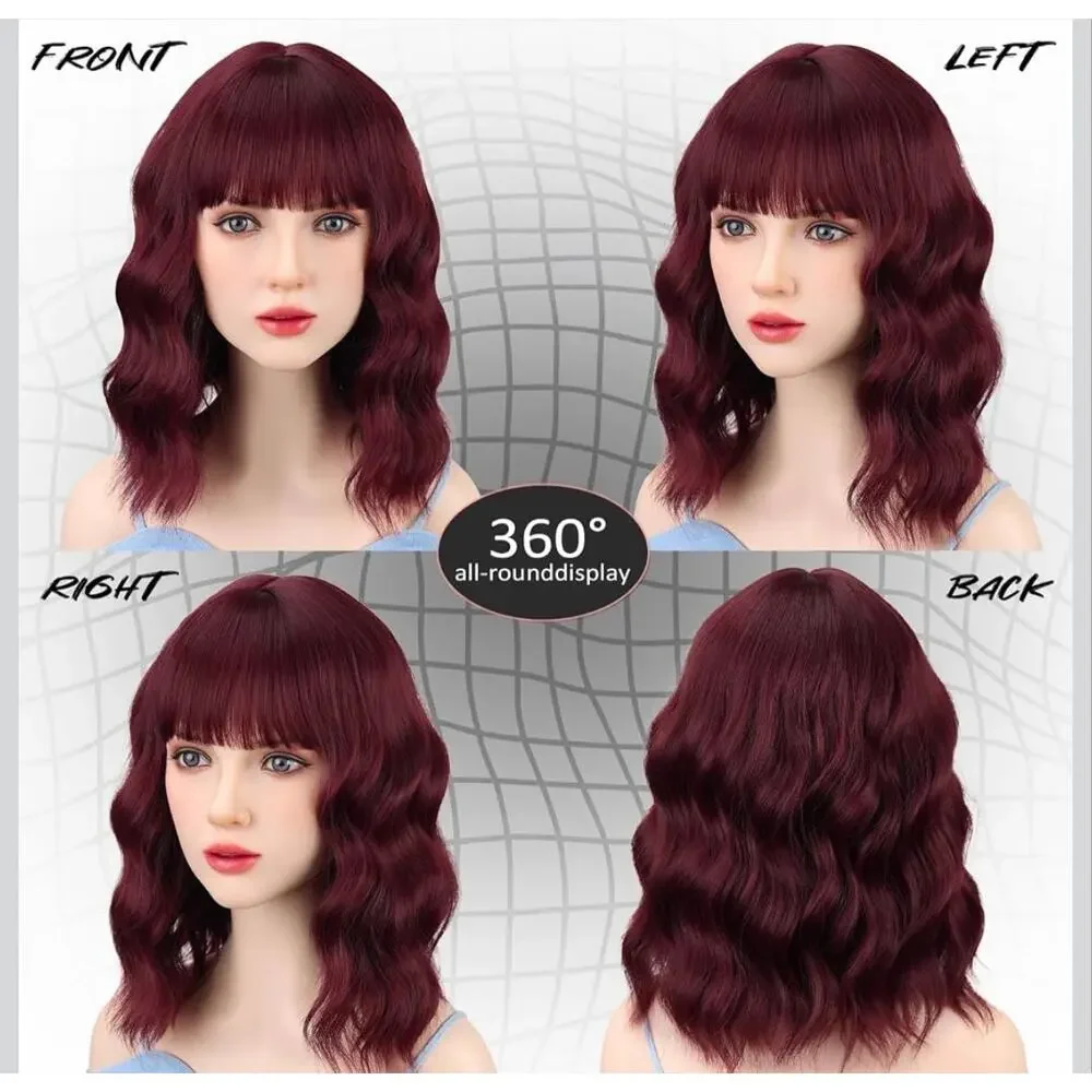 VIIYEESS Wine Red Wavy Bob Wig with Bangs 14” Synthetic Heat Resistant